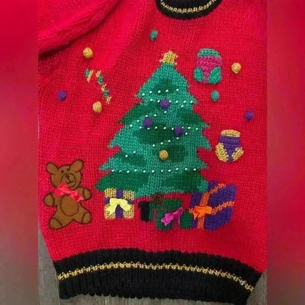 Heidi Sweater Womens Vintage RedAcrylic Hand Knit Christmas Tree Teddy Bear Gift - Picture 2 of 4
